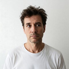 Fototapeta premium Disheveled Thoughtful Man in White T-shirt Looking Away