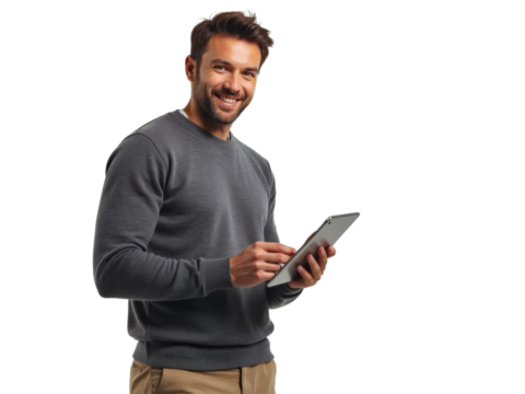 Business portrait isolated on white transparent background: A smiling man with a beard looks at a tablet while holding it in his hand, dressed in a gray sweater and khaki pants against a plain white