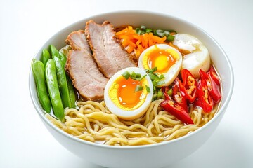 Ramen bowl with noodles, pork, egg, veggies, and chili. A flavorful, satisfying Asian soup meal