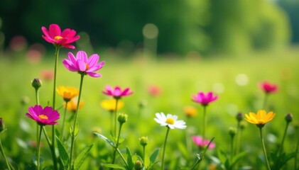 Fototapeta premium Vibrant wildflowers bloom in a lush green meadow, yellow, blooming plants