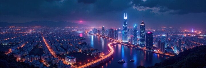 Obraz premium Futuristic cityscape at night, city, streets