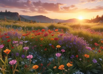 Fototapeta premium Vibrant wildflowers in a natural meadow at sunset, atmosphere, sunlight