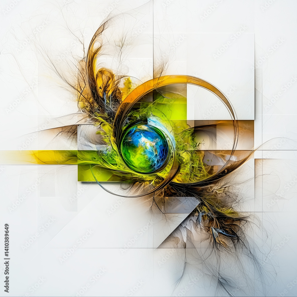 Poster abstract representation of planet earth surrounded by dynamic fractal swirls and geometric shapes on