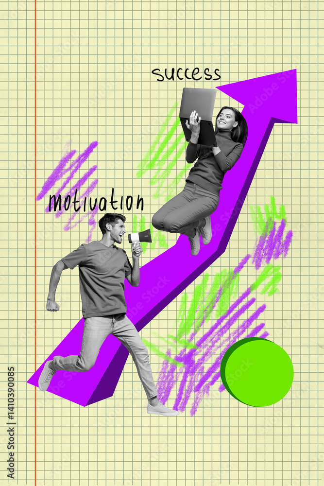 Poster creative banner collage of two people man run scream megaphone girl use netbook working arrow tyello