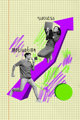 Creative banner collage of two people man run scream megaphone girl use netbook working arrow...