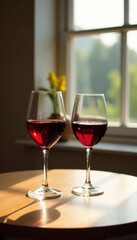 Naklejka premium Wine and glasses on a simple table, elegance, clear glass, wooden table