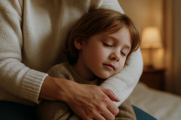 A parent and child, showcasing affection and tranquility in a cozy, softly lit environment.