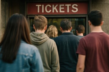 A group of people waiting in line at a ticket booth, highlighting anticipation and social interaction.