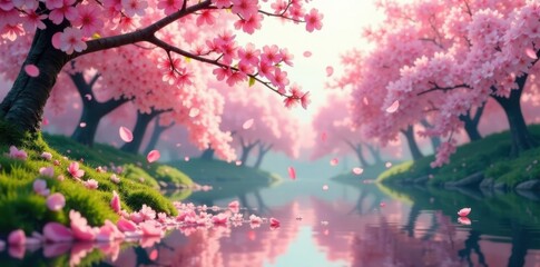 Delicate pink sakura petals drifting down on a calm landscape of cherry blossoms and greenery, pink, sakura blossom