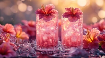 Refreshing pink cocktails garnished with hibiscus flowers on a sparkling table