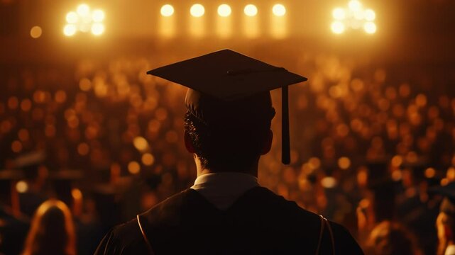 Video of a man wearing an academic cap and gown is standing in front of his graduation ceremony crowd, blurred background, warm lighting. A close-up of the back view. 