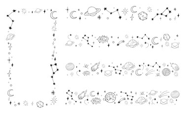 Celestial doodle border, falling star blink divider. Hand drawn ornament with stars, planets, meteorite and moon. Space magic simple decor. © Alyona