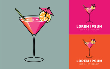 Cocktail Glass Icon Logo with Vibrant Drink and Lemon Slice