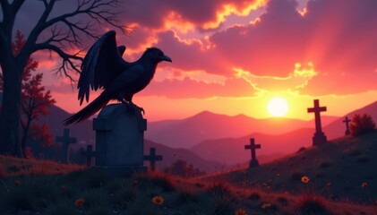 Dark winged creature perched on a tombstone at dusk, bats, halloween bats
