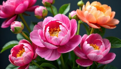 Obraz premium Colorful Peony flowers arranged in a bouquet with greenery and stems , peonies, flower arrangement