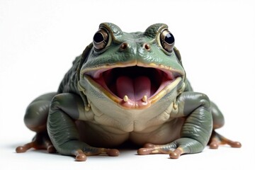 White panel surrounds a large grey frog with its mouth open revealing sharp teeth , green, frogs, waterlife