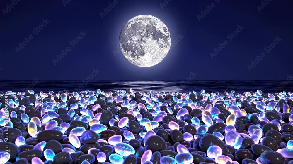 Poster a surreal video scene with a low-angle view of glowing pebbles on a beach under a full moon, creatin