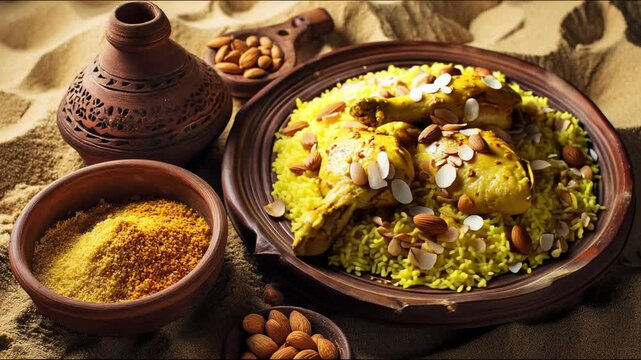 Traditional Arab Food - Chicken Kabsa with Turmeric Rice and Almonds, Served Warm on a Wooden Plate, Desert