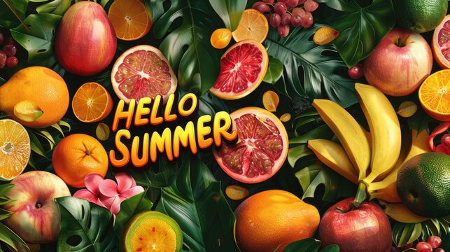A colorful fresh fruit assortment with hello summer written on it