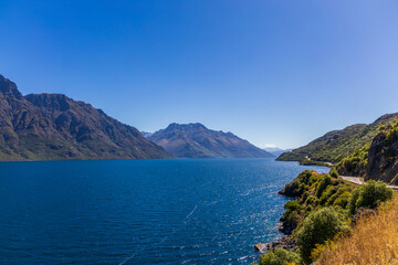 View of Lake Wakatipu along the highway towards Queenstown, South Island, New Zealand