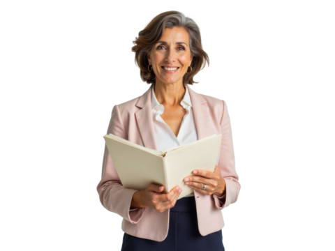 Business portrait isolated on white transparent background: A confident, mature woman with gray hair smiles warmly while holding an open notebook and wearing a professional blazer.