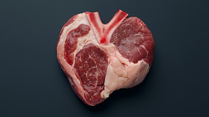 Raw beef heart halved to show interior detail, positioned on dark background with room for educational text overlays or anatomy-related culinary uses