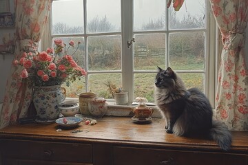 Cat sits on windowsill looking out at a rainy day with flowers.