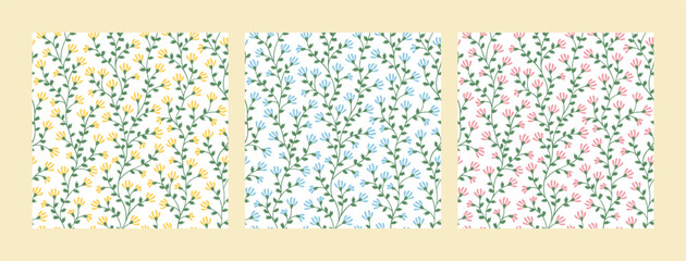 Simple spring flower vine seamless pattern set in pink blue and yellow color in sweet cute lovely drawing illustration style tileable repeatable for fabric textile wallpaper print cards background etc