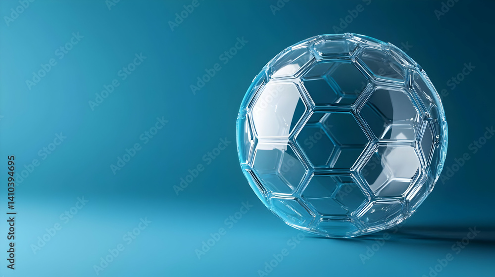 Poster transparent soccer ball with hexagonal pattern on blue background