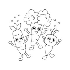 Fototapeta premium A group of dancing vegetables like carrots, broccoli, and tomatoes having fun for coloring book.