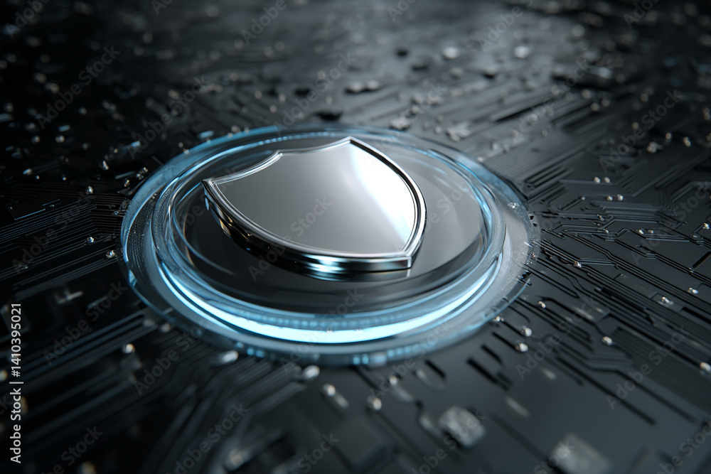 Poster metallic shield icon on a glowing circular platform, set against a dark circuit board background, sy