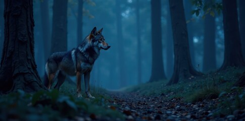 Fototapeta premium Lonesome wolf standing alone in the forest at night with its ears up, trees,