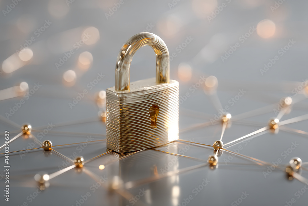 Poster gold padlock on a network of interconnected nodes, representing digital security and data protection
