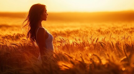 A young woman embracing the warm sunrise in a serene golden wheat field, capturing tranquility
