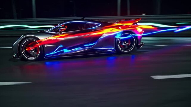 Electric hypercar glides under night sky ablaze with color streaks; electric hypercar reimagines blazing roads, electric hypercar surges unstoppable. Concept radical velocity