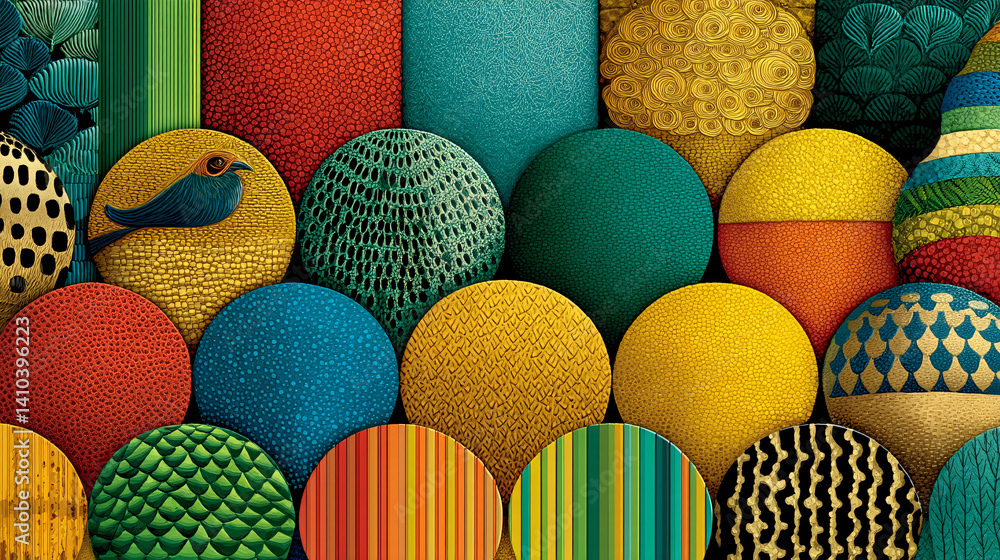 Poster a vibrant composition of patterned circles in various colors, showcasing intricate designs and textu