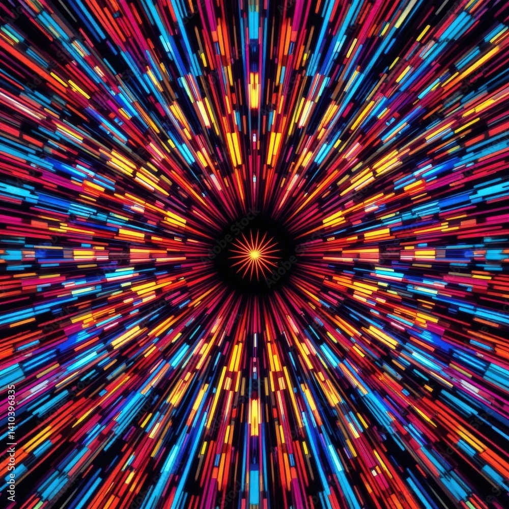 Poster a vibrant explosion of light and colors bursts forth, creating a dazzling display of swirling hues, 
