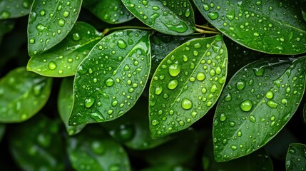 Fototapeta premium Fresh Green Leaves with Water Drops on Surface Capturing Nature's Beauty and Natural Refreshment