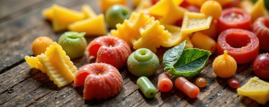 Colorful pasta shapes arranged on a wooden table, colore, vetro, pastalcolle di pasta tradizionale italiana fatta in casa