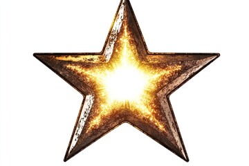 Obraz premium Glowing five-pointed star with a rustic, textured surface and a bright center on a white background