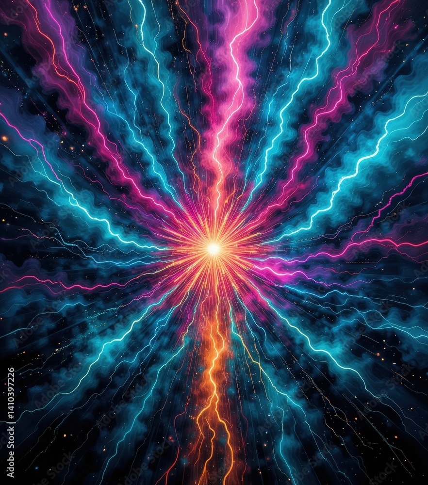 Poster a vibrant explosion of multicolored lightning bolts intertwines with a dazzling array of twinkling s