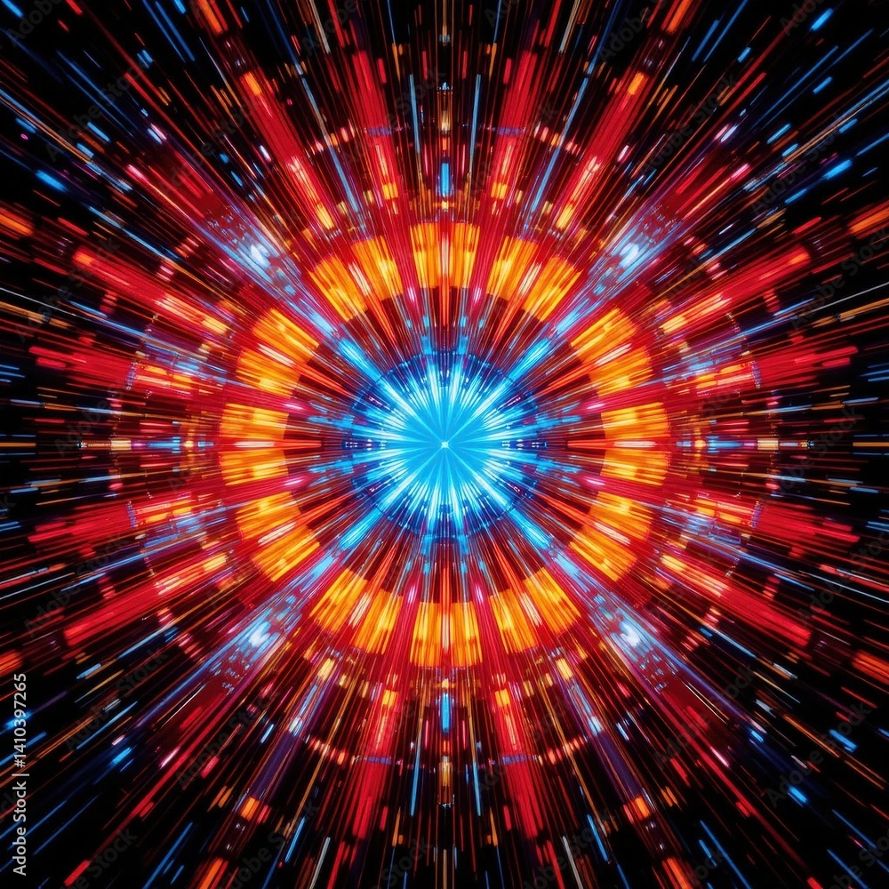 Poster a vibrant explosion of multicolored light and sparkling particles bursts forth, creating a dazzling 