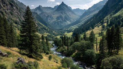 Naklejka premium A breathtaking mountain landscape featuring a lush valley, towering peaks, and a winding river surrounded by dense forests.