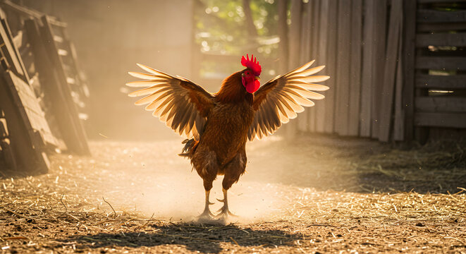 Rooster Flapping Its Wings In A Golden Haze At Farm