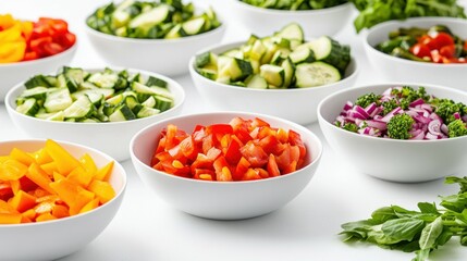 Fresh and colorful vegetable salad bowls with peppers, cucumbers, and greens.