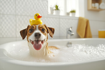 Happy dog taking a bath with a rubber duck on its head