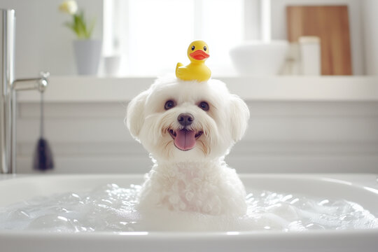 Adorable white dog taking a bath with a rubber duck on its head. The dog is sitting in a bathtub full of bubbles, looking happy and playful.