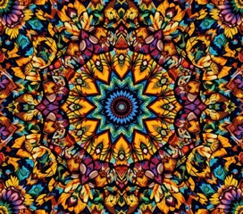 A vibrant floral pattern bursting with an array of colors, featuring intricate blossoms in shades of pink, yellow, blue, and green, set against a soft, contrasting background.