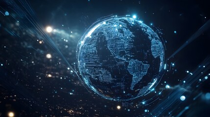 Fototapeta premium Global Digital Nexus: A stunning digital rendering of planet Earth interwoven with a network of glowing lines and data streams.