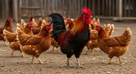Proud Rooster Strutting with Brown Hens in Free Range Organic Poultry Farm